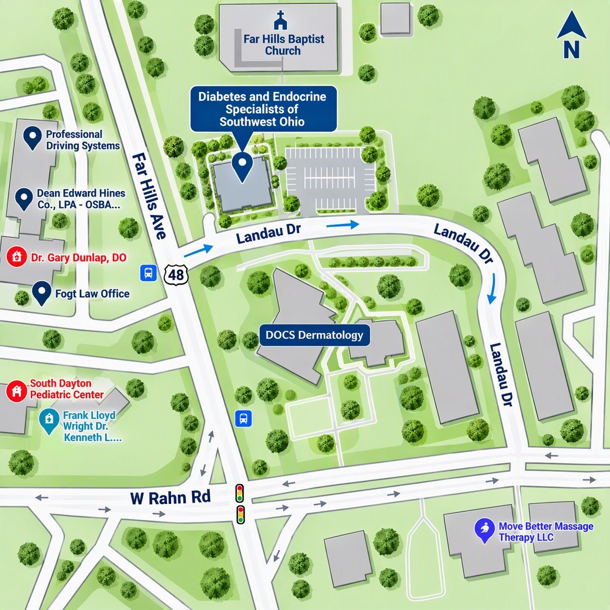 Aerial map showing the DESSWO office at 5250 Far Hills Avenue off Landau Drive